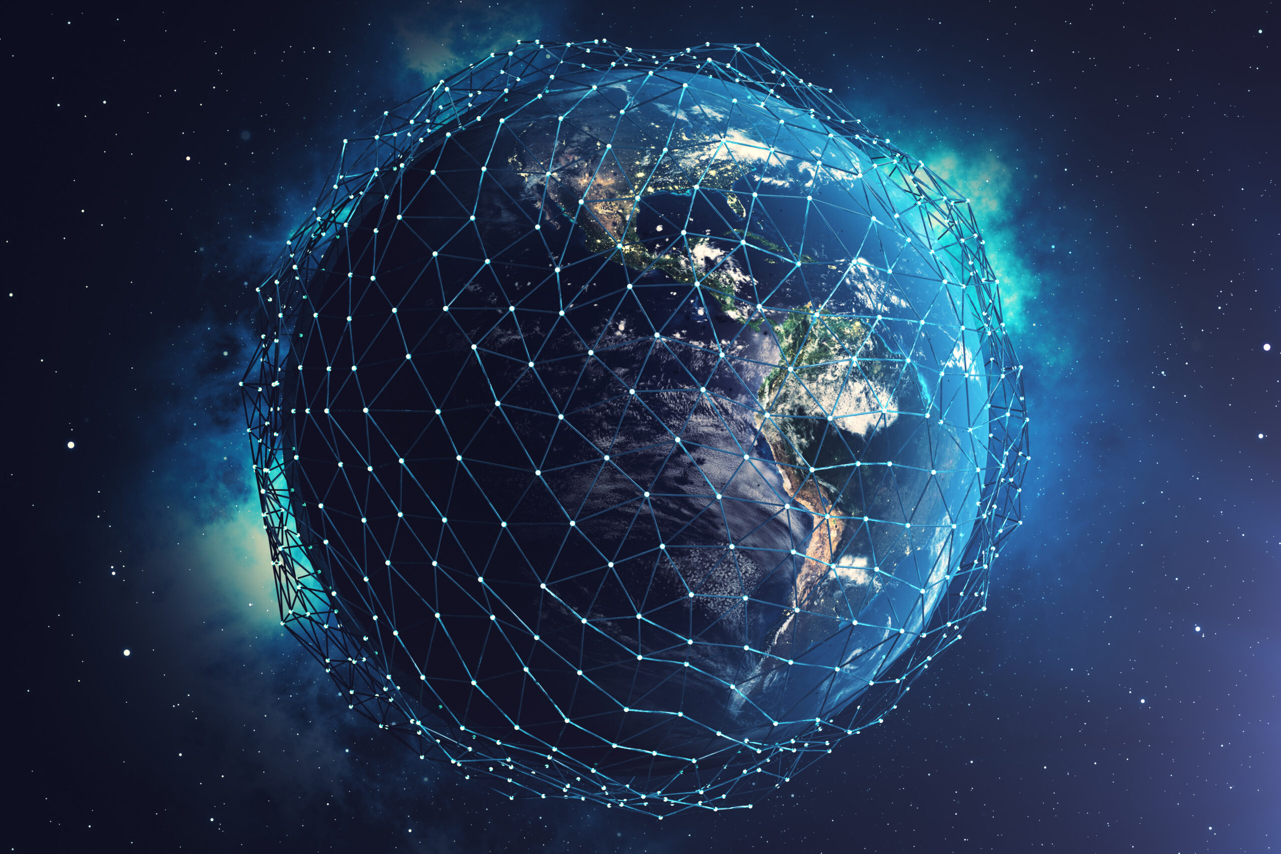 3D rendering Network and data exchange over planet earth in space. Connection lines Around Earth Globe. Global International Connectivity