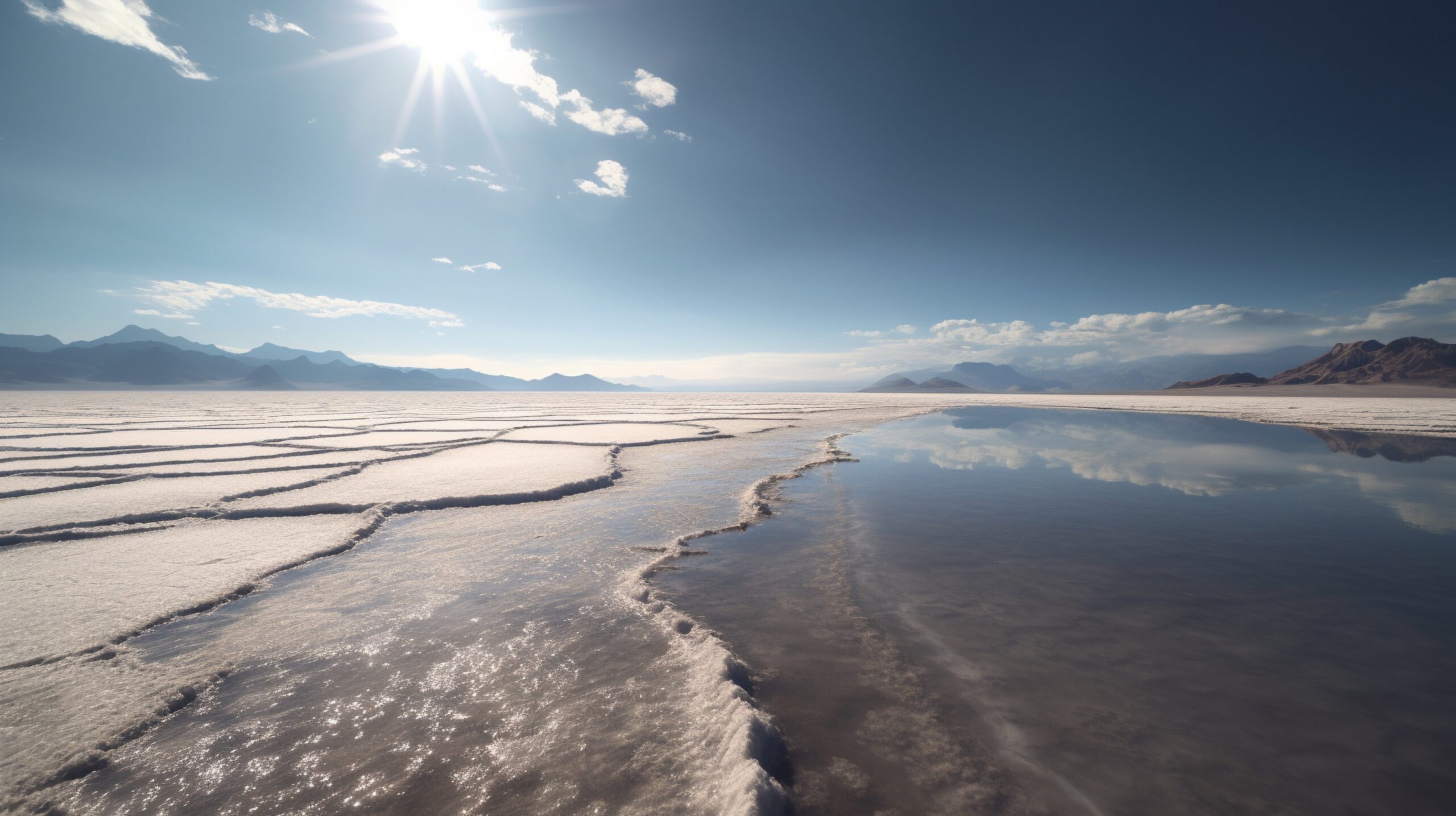 A vast salt flat extending in all directions, reflecting the intense sunlight