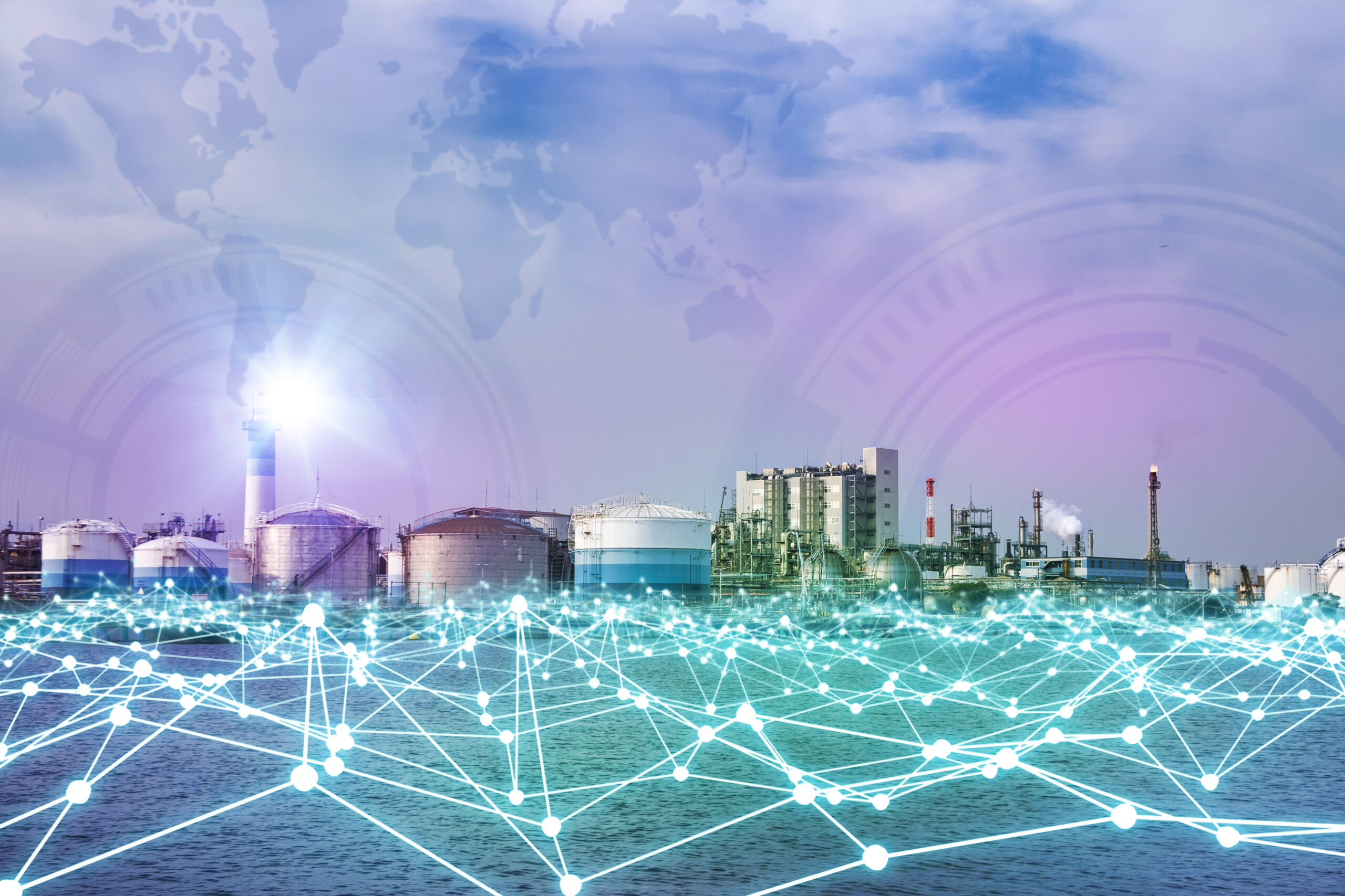 modern factory skyline and mesh network concept